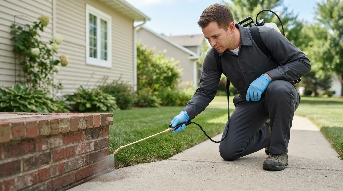 Pest control technician treating a home near Dickens, TX
